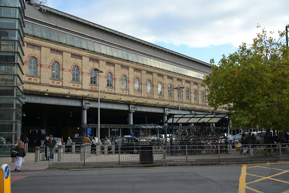 A street view outside Wanstead Park Station showing a large, historic brick building with arched windows and a sloped metal roof, situated above an underground station entrance. The foreground features a pavement area with a metal railing, a bicycle rack filled with bikes, and a covered bike shelter. Several people are standing or walking along the pavement, some carrying bags or engaged in conversation. Vehicles are parked along the street, and streetlights and trees with green foliage are visible on the right side of the image. The scene, taken during daylight hours with partly cloudy skies, captures a typical urban setting related to house removals and moving logistics, illustrating the environment where a professional removals company like Man and Van Aldersbrook might operate during a home relocation process.